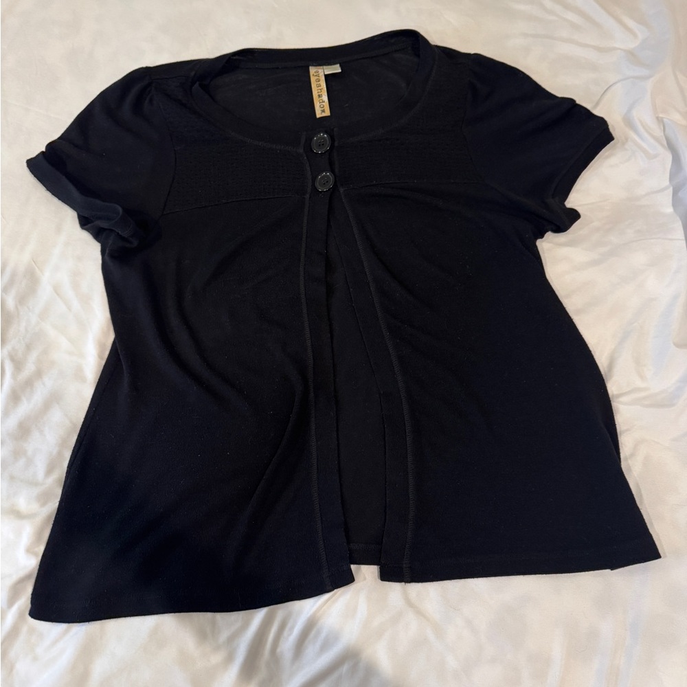 Eyeshadow Black Short Sleeve Button-Front Cardigan Top - Textured Yoke Boho
